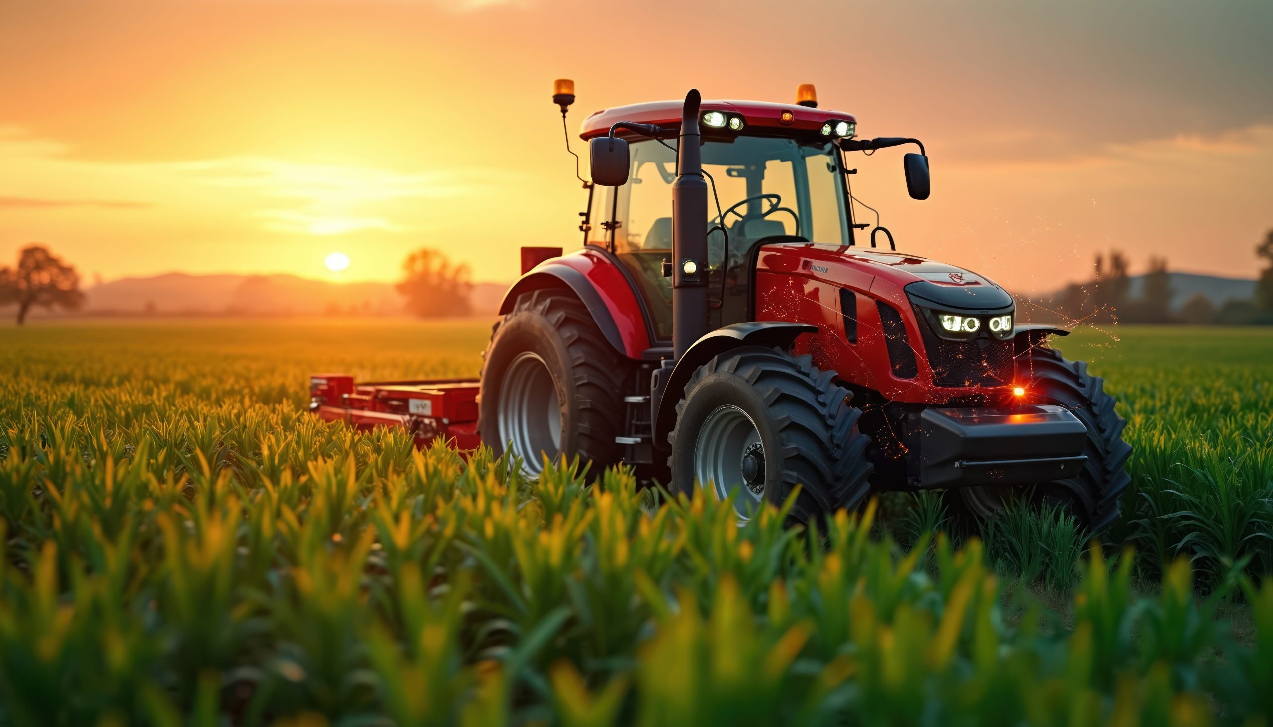 Red tractor works in green field at sunset. Agricultural machine cultivates crop. Modern farm vehicle plows land. Rural landscape at golden hour. Sunrise or sunset scene.