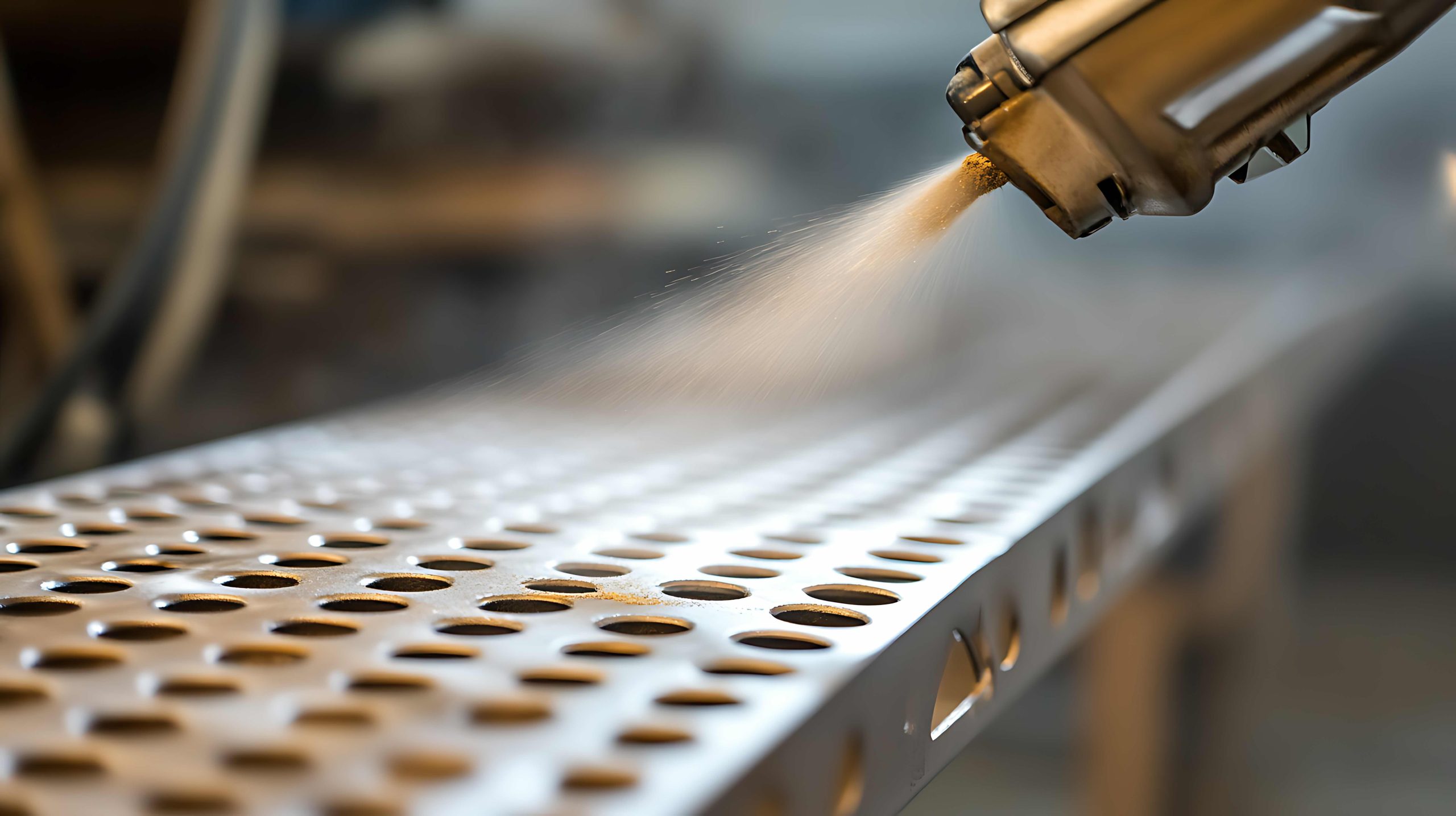 Automated coating process with spray gun applying fine particles to perforated metal surface, close-up view showcasing precision and industrial technology. Modern and efficient.