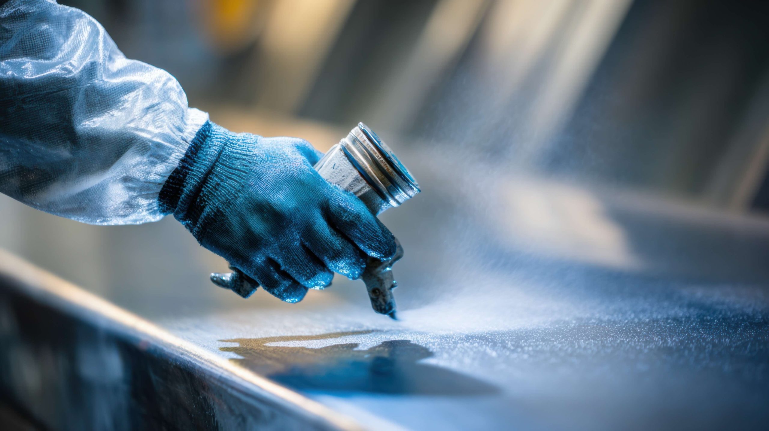 Closeup of technician applying smooth powder coating on metal surface creating a sleek and even durable finish in a controlled environment.