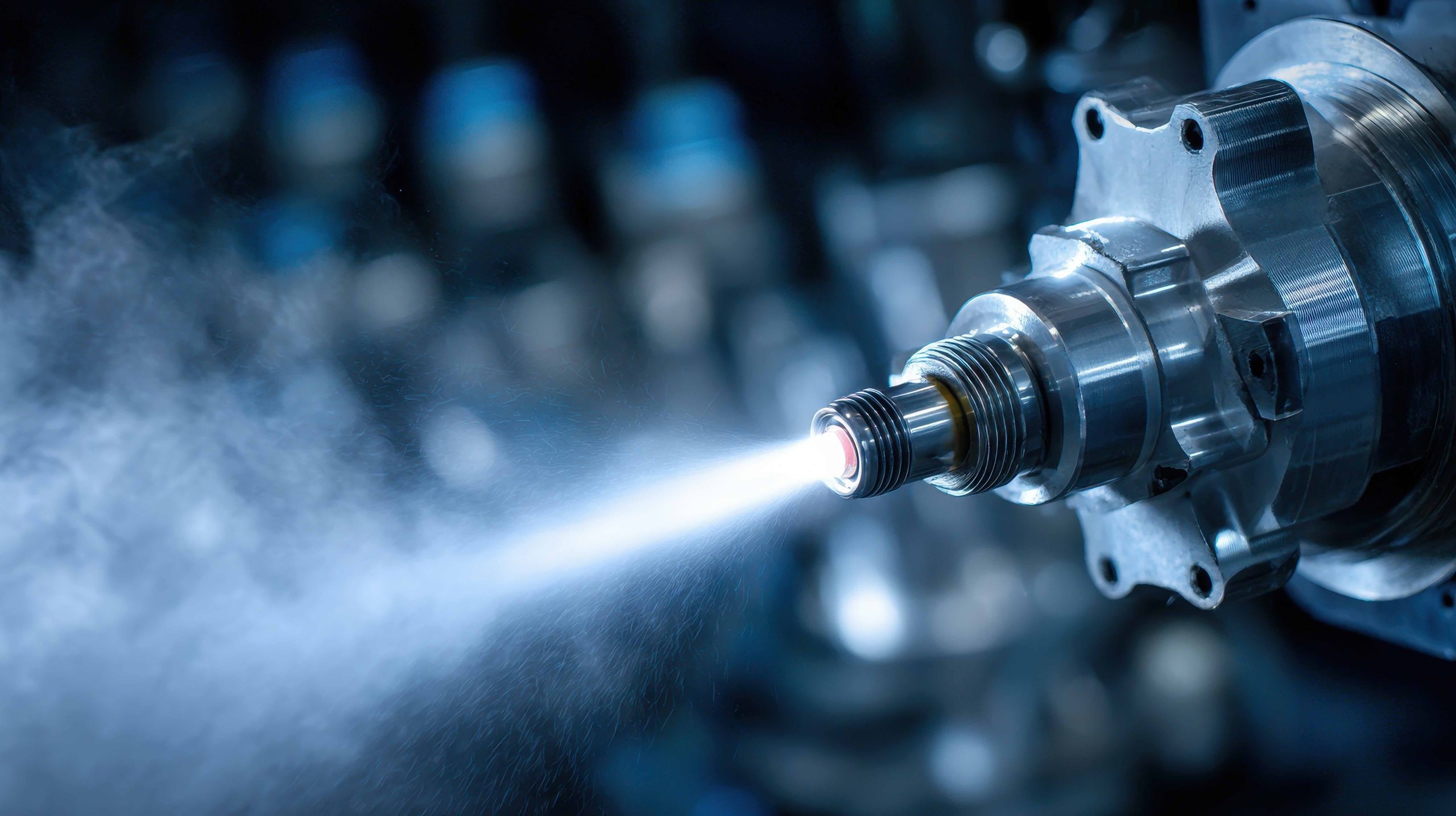 Close-up of industrial plasma spray torch emitting a bright beam and vapor during a high-tech manufacturing process