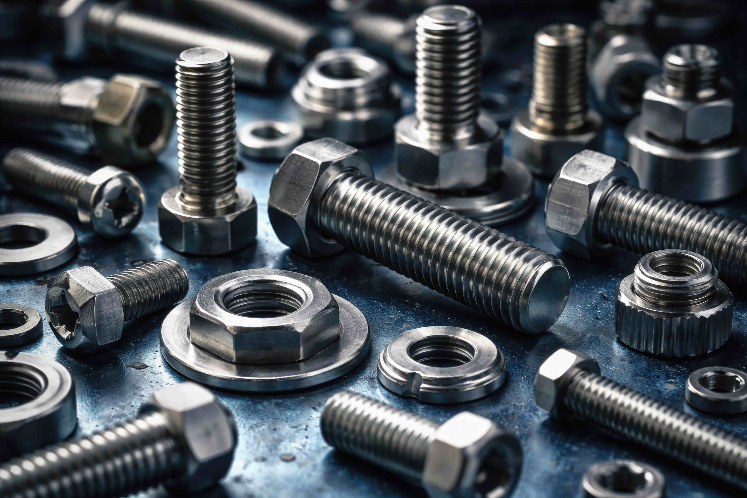 Macro shot of metal fasteners and bolts on a blue surface showcasing engineering and hardware components