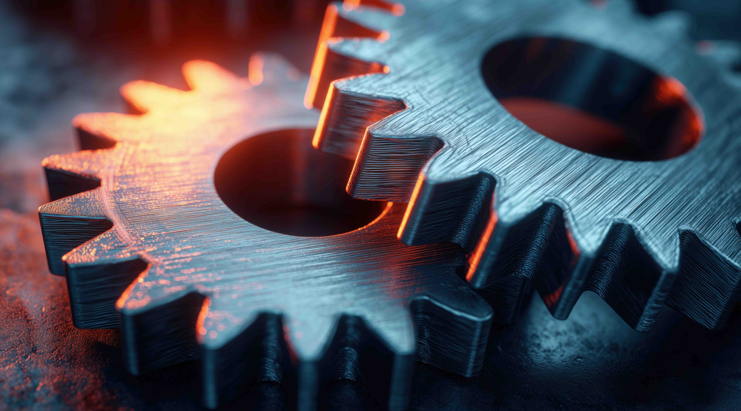 Two interlocking metal gears with brushed texture and cinematic lighting